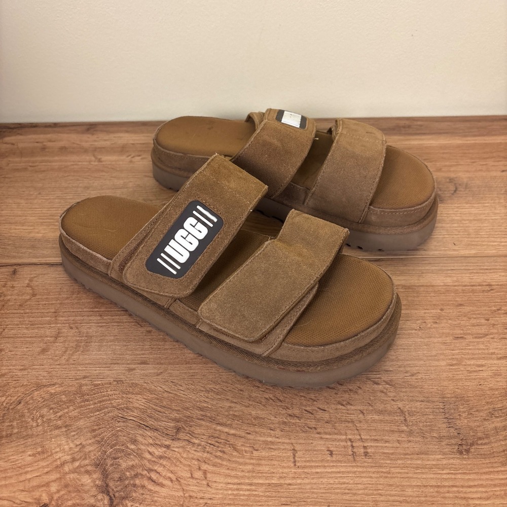 UGG Greer Platform Slide Sandals Chestnut Tan Suede Women Size 9 Casual Open Toe